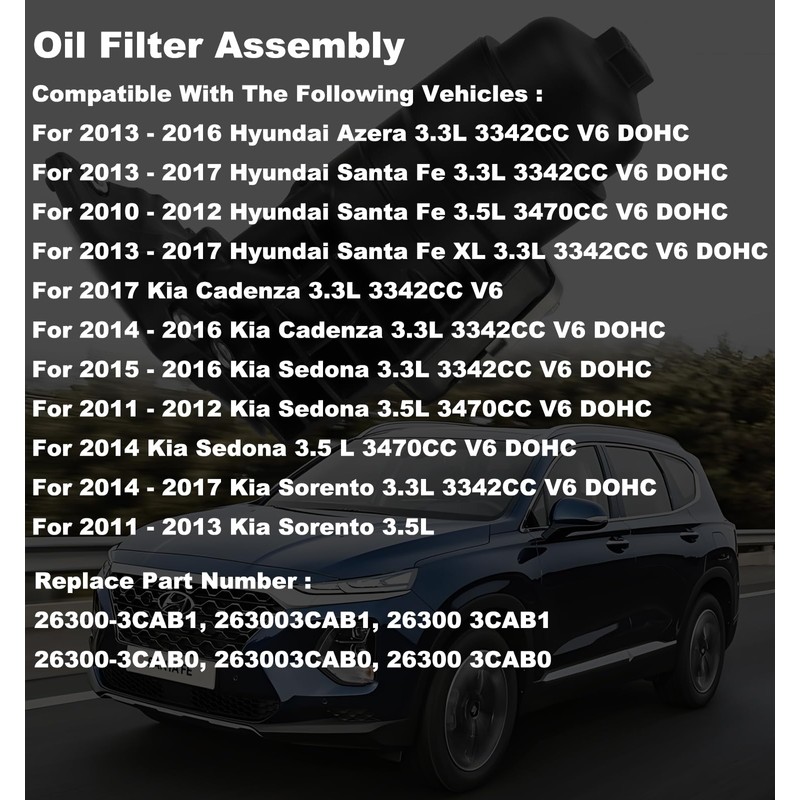 FASTCHE Oil Filter Complete Assembly Compatible with 2012-2019 Kia Sedona/Cadenza/Sorento