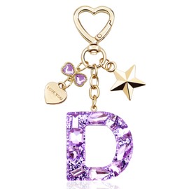 TTYY Glitter Initial Letter Keychain Gift for Women Girl, Cute Purple Keychains with Heart and Star Charm Keyring for Handbag Backpack
