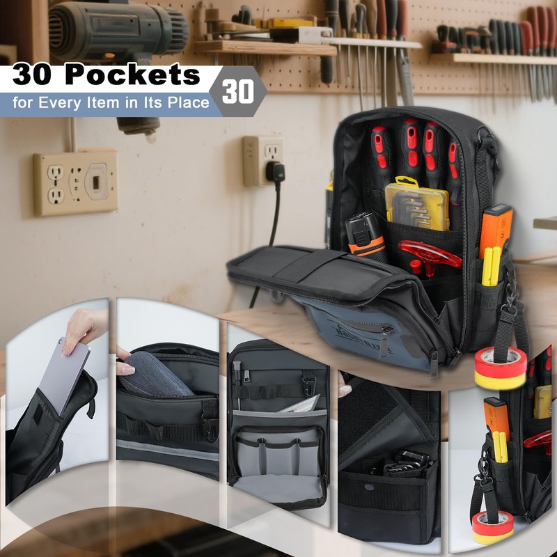 MELOTOUGH Small Tool Backpack for Men 30 Multi-Storage Pockets Heavy