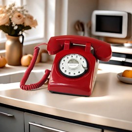 TelPal Red Retro Telephone Wired Classic 1960's Rotary Dial Home Office Phone Hands Free Antique Landline Telephone for Seniors Gift