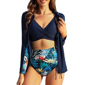 Women's 3 Piece Long Sleeve Sun Protection Shirts Rash Guard Swimsuit Tummy Control High Waist Bottom Colorful S