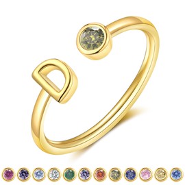 ZNBOH Gold Birthstone Initial Rings for Women Non Tarnish Dainty 14K Gold Plated Adjustable Letter Ring for Teen Girls Stackable Cute Thumb Pinky Fashion Unique Open Simple Birthday Gifts Jewelry