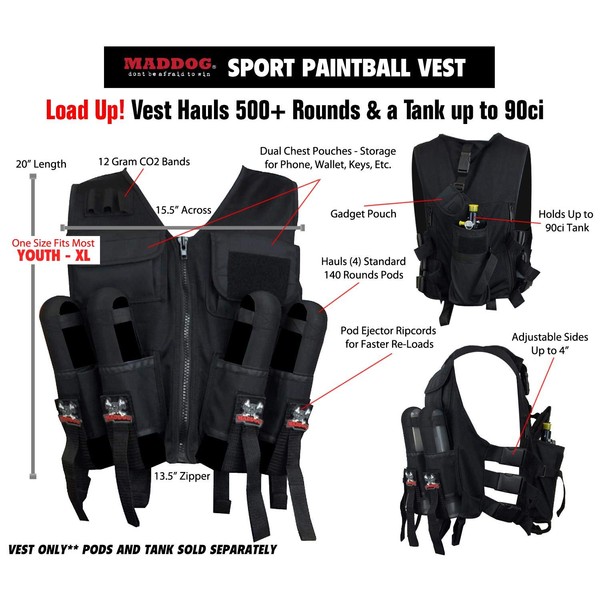 Maddog Lightweight Tactical Paintball Vest with Tank and Pod Holder Attachments - Black