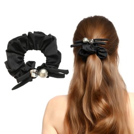 Black Silk Hair Ties Scrunchies with Big Pearls & Stones - Silk Satin Elastic Bands for Women Girls Ponytails Buns Fashion Accessories