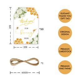 50pcs Bee Thank You Tags, Bumble Bee Gift Tag with String for Gender Reveal Party, Thank You Paper Tags for Bee Themed 1st Birthday/Engagement/Honey Bridal Shower Party Favors
