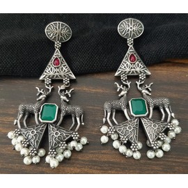Jewel India Designer Brass Indian Ethnic Silver Oxidized Afghani Fashion Tribal Gypsy Deer Long Dangle Jhumka Earrings Jewelry Women (Pink Green), 2.5