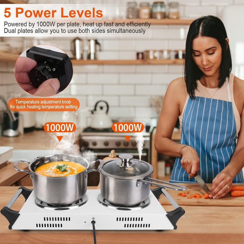 Electric Hot Plate, 2000W Countertop Double Burner with Adjustable Temperature