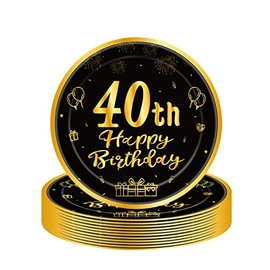16Pcs Black Gold 40th Birthday Paper Plates 9",Birthday Tableware Party Plate Disposable,Happy 40th Birthday Table Decorations Plates Birthday Gifts for Women,Men,Ladies,Him,Her 40th Birthday Décor