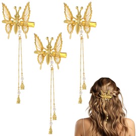 3 Pcs Moving Butterfly Hair Clips with Long Tassel Hollow Metal Butterfly Clips Butterfly Hair Clips for Women Hair Accessories (Gold)