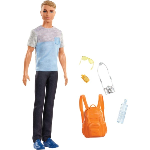 Barbie Travel Ken Doll, Dark Blonde, with 5 Accessories Including a Camera and Backpack, for 3 to 7 Year Olds []