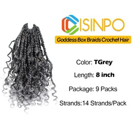 CISINPO 9 Packs Goddess Box Braids Crochet Hair 8 Inch Boho Box Braids Crochet Hair with Curly Ends Synthetic Crochet Hair For Women, TGrey/Ombre Grey