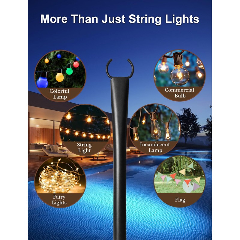 2 Pack String Light Poles for Deck, 5Ft Heavy-Duty Metal
