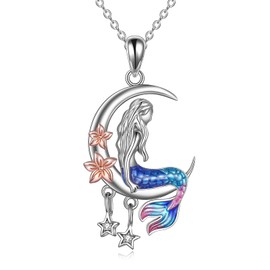 YAFEINI Mermaid Necklace Sterling Silver Sea Mermaid Crescent Moon and Star Necklace with Flower Pendant Birthday Gifts Jewellery for Girls Daughter Women (Silver Mermaid necklace)