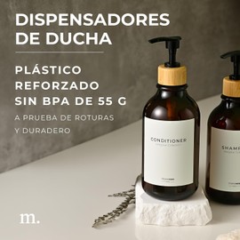 MaisoNovo Dispensador de Jabon Baño Dispensador de Shampoo y Acondicionador Dispensador de Jabon Cocina Accesorios para Baño Decoracion Hogar 3 Botellas Ambar Dosificador Negro/Bambú