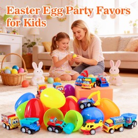 KING DOO 12 Pcs Easter Eggs Prefilled with Toy Cars, Filled Pull Back Construction Vehicle, and Race Car for Kids Boys Hunt, Basket Stuffers, Party Favors, Classroom Prize