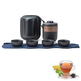 Mini Travel Ceramic Tea Pot Set Chinese Kung Fu Teapot, Portable Anti Burn Travel Tea Set with Tea Infuser Portable Bag Chinese Kung Fu Teapot Porcelain Tea Pot Cup Set All in One Gift(Black-4 Cups)