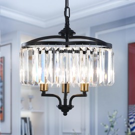 Yidelloc Modern Crystal Chandelier Dining Room Black Gold Farmhouse Glass Pendant Light Fixture 3 Light Adjustable Hanging for Kitchen Island Foyer Bedroom Living Room Hallway