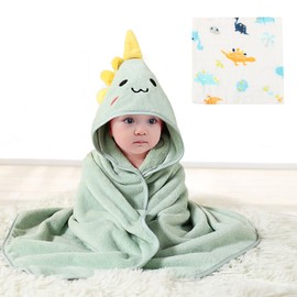 TPTGIAR Hooded Baby Towel, Coral Fleece Baby Towels with 1 Cotton 6 Layers Baby Muslin Squares, Cute Animal Design Baby Bath Towel Soft Absorbent Baby Hooded Towel for Boys Girls, 80 x 80cm (Green)