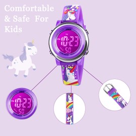 VenSten Unicorn Watch Gifts for Kids Age 3-10 - Upgrade 3D Cute Cartoon 7 Color Lights Kids Digital Waterproof Sports Outdoor Watches with Alarm Stopwatch for Girls Boys Little Child Purple