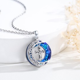 ECHOOY Celtic Moon Necklace 925 Sterling Silver Family Tree of Life Religious Cross Pendant Necklace Abalone Shell Cross Cremation Jewellery Gifts for Women Men