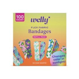 Welly- Paquete de recambio de vendas que cambian de color | Vendajes adhesivos de tela flexible | Variedad de formas y diseños para cortes, rasguños y heridas leves - 100 unidades