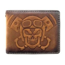 Lemasi Genuine Leather Wallet with RFID Protection, 3D Skull, Eyelet for Chain, brown, Casual
