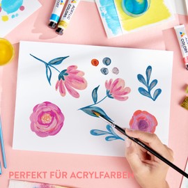 int!rend Premium Acrylic Paper, 400 g, DIN A4 Pad, 25 Sheets, White, Glued on the Head, Acrylic Paint Pad, Drawing Paper A4 Including Two High-Quality Brushes, Drawing Pad for Acrylic Paints