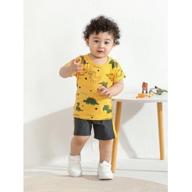 Derouetkia Baby Boy Clothes Short Sleeve Dinosaur Animal Print Tops + Shorts Toddler Outfit Sets, yellow