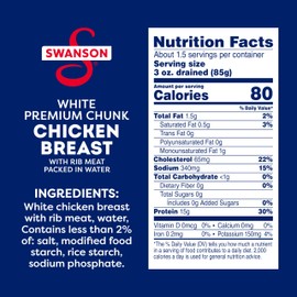 Swanson White Premium Chunk Chicken Breast with Rib Meat in Water, 9.75 oz. Can (Pack of 12)