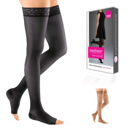 mediven sheer & soft for Women, 15-20 mmHg Thigh High w/Lace Silicone Top Band Open Toe Compression Stockings, Ebony, II-Standard