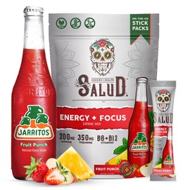 Salud x Jarritos 2-in-1 Energy Drink Powder + Focus, Fruit Punch, Organic Caffeine, B6 + B12, Theanine, Clean Energy Drink Packets, Agua Fresca Mix, Non-GMO, Gluten Free, 1g of Sugar, (15 Servings)