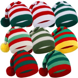 Liitrsh 8 Pcs Christmas Knitted Elf Hats Santa Hat for Adults Kids Xmas Beanie Striped Winter Hats Soft Skull Cap with Pompom for Women Men Ski Costume Party