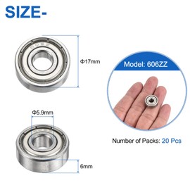 sourcing map 20Pcs 606ZZ Deep Ball Bearings 5.9x17x6mm High Carbon Steel Double Sealed Bearings for Electric Motor, Home Appliances, Garden Machinery, Silver Tone