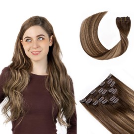 SoBeauty Clip in Hair Extensions Real Human Hair, Invisible Clip In Hair Extensions 100% Human Hair, Balayage Chocolate Brown to Caramel Blonde #4TP27/4 20Inch 120G 7PCS