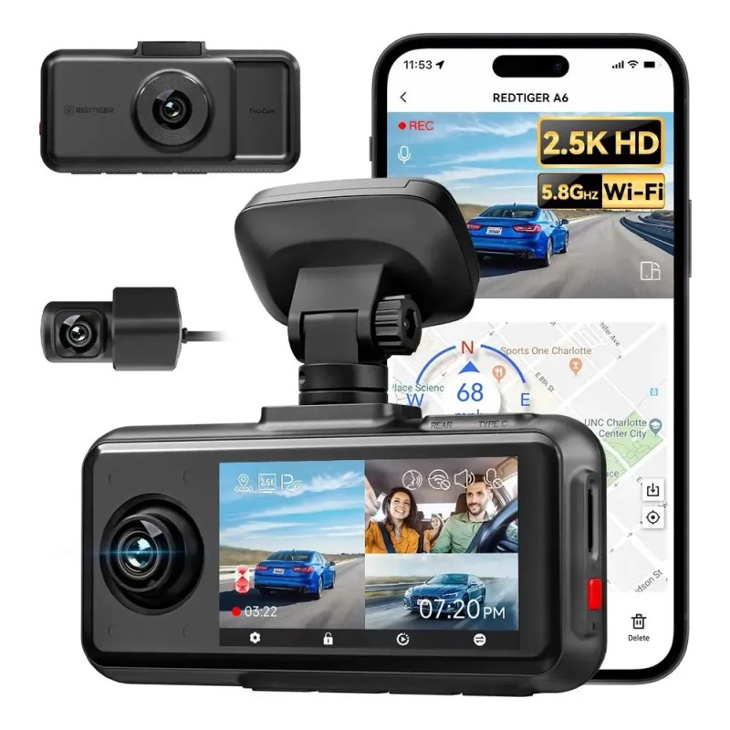 Cámara Redtiger A6 para Auto 4K Triple Cámara Wifi Pantalla
