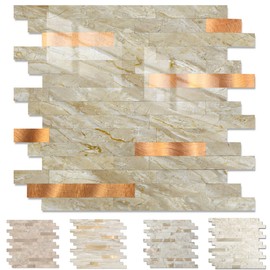 Yipscazo 10 Sheets Peel and Stick Stone Metal Tile Backsplash, Stick on Tiles for Backsplash Kitchen, Bathroom, Laundry Room, Camper, Fireplace (12'' X 12'', Polished Beige)