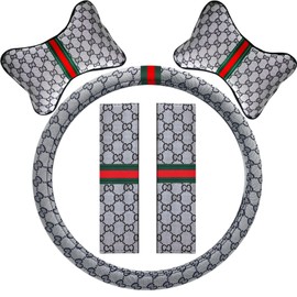 5PCS Steering Wheel Cover, with 2 Headrests, 2 Seat Belt Covers - Universal Fit for 14.5-15" Steering Wheel, Enhances Driving Experience - Perfect for Women (Gray)