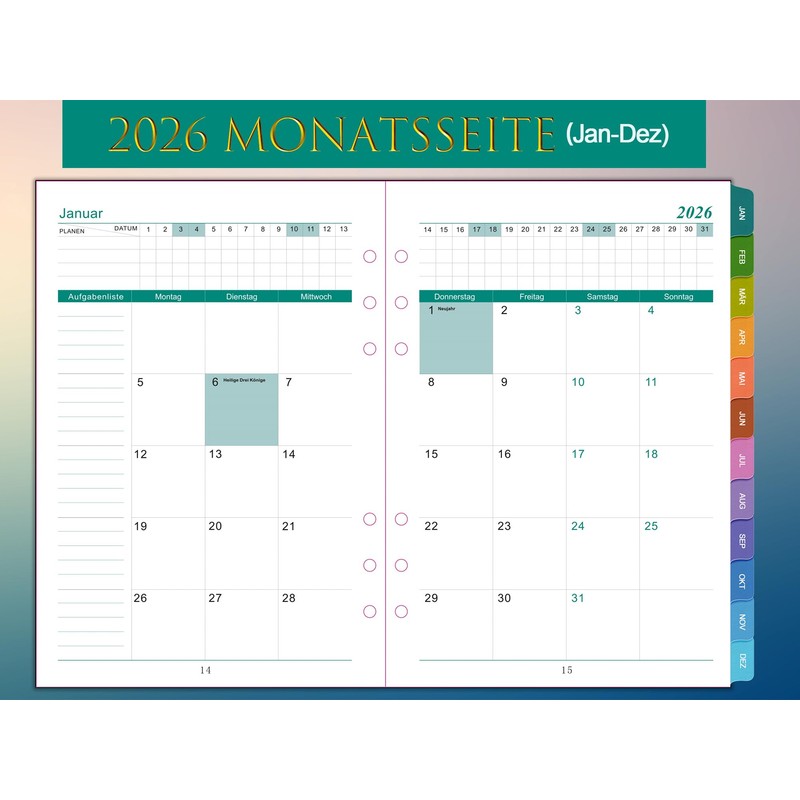 2026 Weekly Planner Insert A5 6 Holes German 1 Week