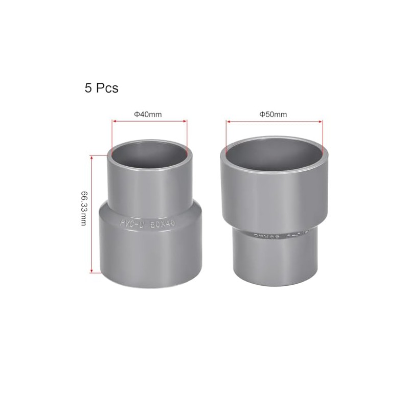 TOP-VIGOR 5Pcs PVC DWV Reducing Coupling, 40mm x 50mm Socket