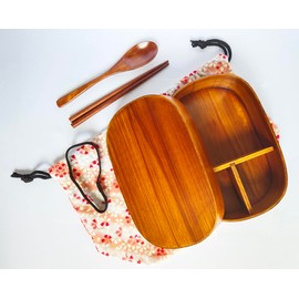 KXLCGYK Magewappa Bento Box, Oval 23.7 fl oz (700 ml), 1-Tier, Lightweight, Mag Wappa Set, Natural Lacquered Rice, Bento Box, Tableware, Pink Flower Drawstring Bag, Wooden Spoon and Chopsticks