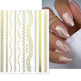 FJSMTOPl 12 Sheets Gold Nail Stickers, 3D Self-Adhesive Metal Geometric Stripe Wave Nail Sticker, Gold Nail Art Designs, Style-c
