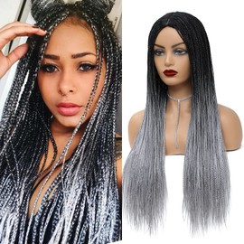 ROSEBONY Braided Wigs Long Box Braids Wig for Women Ombre Silver 28 Inch Micro Box Braids Fake Scalp Wig Synthetic Wigs (1B/GRAY)
