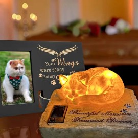 Solar Powered Sleeping Cat Garden Sculpture with "Beautiful Memories Treasured Forever" Engraved Base,Glowing Night Light PrintsColor: As picture, Size: One Size