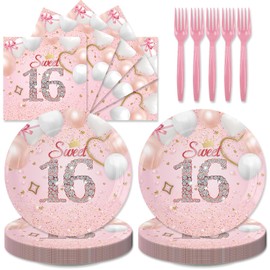 Sweet 16 Party Decorations 48Pcs Pink Sweet 16 Birthday Paper Plates and Napkins Set Party Supplies 16th Birthday Decorations for Girls Serve 16