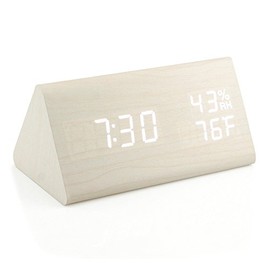 OCT17 Wooden Alarm Clock, Wood LED Digital Desk Clock, Upgraded with Time Temperature, Adjustable Brightness and Voice Control, Humidity Displaying - White