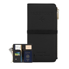 DOB SECHS Passport Holder for Travel Women Leather Passport Wallet RFID Blocking Passport Cover Case with Card Slots, Slim Travel Document Organizer Pouch Bag Zipper Cash Pocket Purse+ID Window, Black