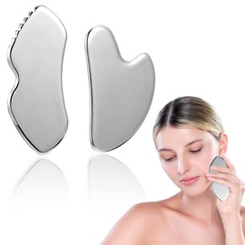 MBAIYO 2Pcs Gua Sha Stein Edelstahl,Metall Gua Sha Schaber mit Zähnen Guasha Scraping Massage Tool Body guasha Gesichtsschaber Gesichtswerkzeug Hautpflege Geschenk für Schlankeres Gesicht Konturierung