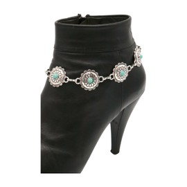 Women Western Fashion Bling Anklet Boot Bracelet Silver Metal Shoe Turquoise Blue Bead Flower Charm