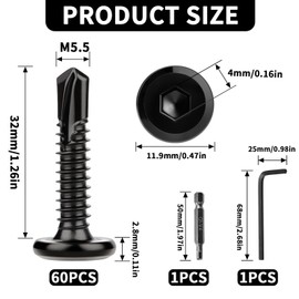 XRXYMQ Pack of 60 Self-Tapping Screws Stainless Steel M5.5 x 32 mm Self-Tapping Screws 410 Hexagon Socket Screws Drilling Screws Black with Screwdriver Hex Key