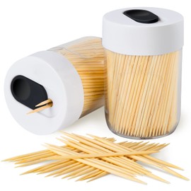 Urbanstrive Sturdy Safe Toothpick Holder with 800 Natural Wood Toothpicks for Teeth Cleaning, Unique Home Design Decoration, Unusual Gift, 2 Pack (White)